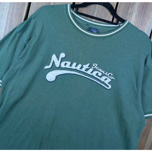 Nautica Jeans Vintage Y2K Embroidered Script Ringer Distressed T-shirt Large - Picture 1 of 9